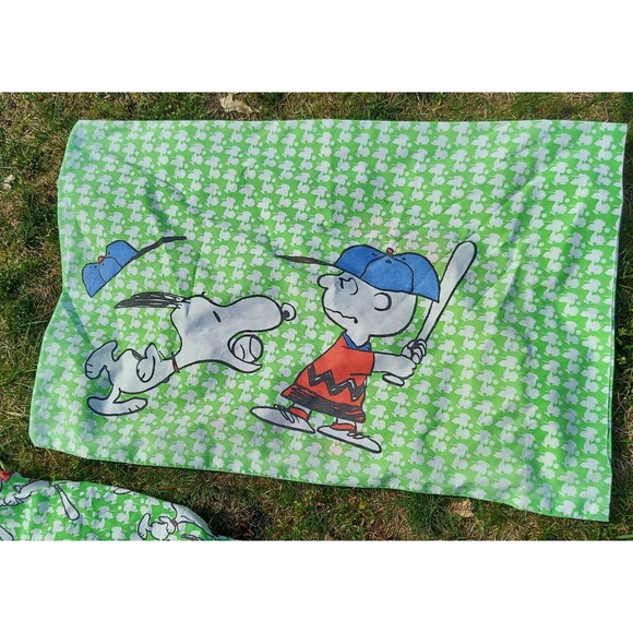Snoopy Baseball Green White Twin Fitted Flat Pillow Sheet Set Vintage c. 1958 - Picture 10 of 14